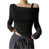 imageWomens Mesh Sheer Tops Off The Shoulder Long Sleeve See Through Shirts Going Out Party Club OutfitsBlack