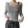 imageWomens Mesh Sheer Tops Off The Shoulder Long Sleeve See Through Shirts Going Out Party Club OutfitsGrey