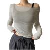 imageWomens Mesh Sheer Tops Off The Shoulder Long Sleeve See Through Shirts Going Out Party Club OutfitsPure Grey