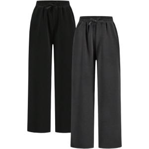 imageGirls 2 Pack Sweatpants Elastic Waist Wide Straight Leg Pants High Waisted Casual Baggy Jogger PantsGrey and Black