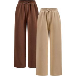 imageGirls 2 Pack Sweatpants Elastic Waist Wide Straight Leg Pants High Waisted Casual Baggy Jogger PantsKhaki Brown