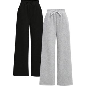 imageGirls 2 Pack Sweatpants Elastic Waist Wide Straight Leg Pants High Waisted Casual Baggy Jogger PantsMulticolor