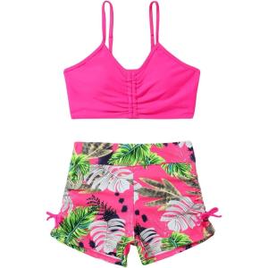 imageGirls 2 Piece Tropical Ruched Bikini Set Sleeveless Wireless Vacation Bathing Suit BeachwearHot Pink