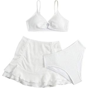 imageGirls 3 Piece Bikini Sets High Waisted O Ring Wireless Swimsuits Bathing Suit with Cover Up SkirtsPure White