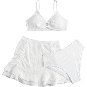 imageGirls 3 Piece Bikini Sets High Waisted O Ring Wireless Swimsuits Bathing Suit with Cover Up SkirtsWhite
