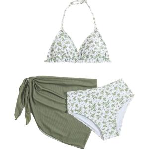 imageGirls 3 Piece Swimsuits Floral High Waisted Bikini Bathing Suit with Mesh Coverups SkirtArmy Green