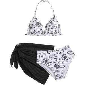 imageGirls 3 Piece Swimsuits Floral High Waisted Bikini Bathing Suit with Mesh Coverups SkirtBlack and White