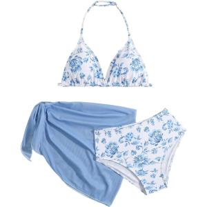 imageGirls 3 Piece Swimsuits Floral High Waisted Bikini Bathing Suit with Mesh Coverups SkirtBlue