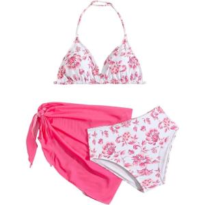imageGirls 3 Piece Swimsuits Floral High Waisted Bikini Bathing Suit with Mesh Coverups SkirtHot Pink