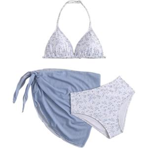 imageGirls 3 Piece Swimsuits Floral High Waisted Bikini Bathing Suit with Mesh Coverups SkirtMulticolor