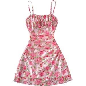 imageGirls Floral Mesh Ruched Bust Mini Dress Spaghetti Strap Vacation Summer Cami DressesBlue White