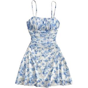 imageGirls Floral Mesh Ruched Bust Mini Dress Spaghetti Strap Vacation Summer Cami DressesBlue and White