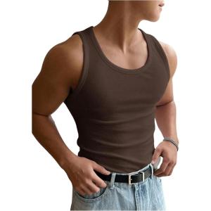 imageMens Summer Tank Top Scoop Neck Knit Gym Workout Muscle Tank Undershirt Sleeveless ShirtsCoffee Brown