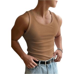 imageMens Summer Tank Top Scoop Neck Knit Gym Workout Muscle Tank Undershirt Sleeveless ShirtsDark Apricot