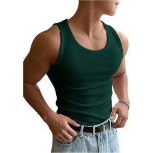 imageMens Summer Tank Top Scoop Neck Knit Gym Workout Muscle Tank Undershirt Sleeveless ShirtsDark Green