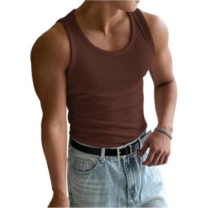 imageMens Summer Tank Top Scoop Neck Knit Gym Workout Muscle Tank Undershirt Sleeveless ShirtsDeep Brown