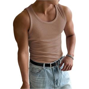 imageMens Summer Tank Top Scoop Neck Knit Gym Workout Muscle Tank Undershirt Sleeveless ShirtsDeep Khaki