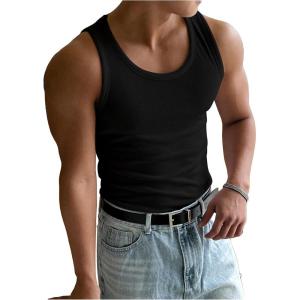 imageMens Summer Tank Top Scoop Neck Knit Gym Workout Muscle Tank Undershirt Sleeveless ShirtsPlain Black