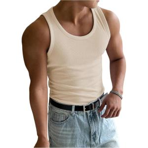 imageMens Summer Tank Top Scoop Neck Knit Gym Workout Muscle Tank Undershirt Sleeveless ShirtsPure Apricot