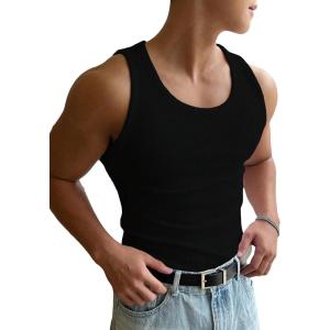 imageMens Summer Tank Top Scoop Neck Knit Gym Workout Muscle Tank Undershirt Sleeveless ShirtsPure Black