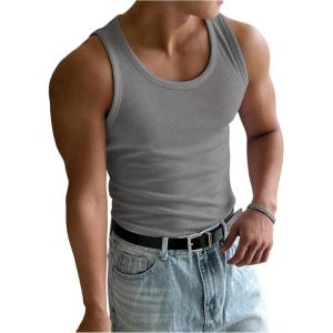imageMens Summer Tank Top Scoop Neck Knit Gym Workout Muscle Tank Undershirt Sleeveless ShirtsPure Deep Grey