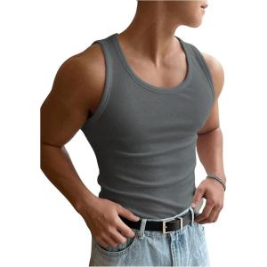 imageMens Summer Tank Top Scoop Neck Knit Gym Workout Muscle Tank Undershirt Sleeveless ShirtsPure Grey
