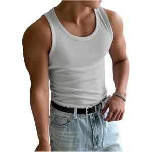 imageMens Summer Tank Top Scoop Neck Knit Gym Workout Muscle Tank Undershirt Sleeveless ShirtsPure Light Grey