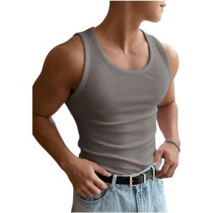 imageMens Summer Tank Top Scoop Neck Knit Gym Workout Muscle Tank Undershirt Sleeveless ShirtsSolid Grey