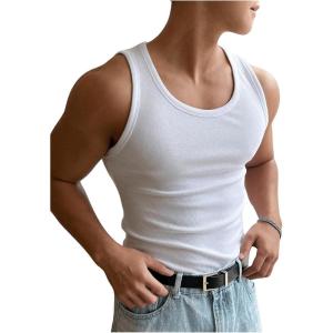 imageMens Summer Tank Top Scoop Neck Knit Gym Workout Muscle Tank Undershirt Sleeveless ShirtsWhite