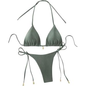 imageRoseSeeek Womens 2 Piece Swimsuit Halter Triangle Ruched High Cut Bathing Suit Thong Cheeky Bikini SetArmy Green
