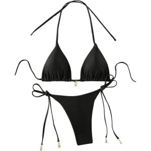 imageRoseSeeek Womens 2 Piece Swimsuit Halter Triangle Ruched High Cut Bathing Suit Thong Cheeky Bikini SetBlack