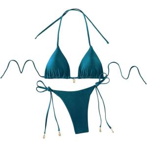 imageRoseSeeek Womens 2 Piece Swimsuit Halter Triangle Ruched High Cut Bathing Suit Thong Cheeky Bikini SetDark Green