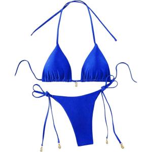 imageRoseSeeek Womens 2 Piece Swimsuit Halter Triangle Ruched High Cut Bathing Suit Thong Cheeky Bikini SetRoyal Blue