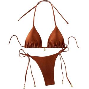 imageRoseSeeek Womens 2 Piece Swimsuit Halter Triangle Ruched High Cut Bathing Suit Thong Cheeky Bikini SetRust Brown