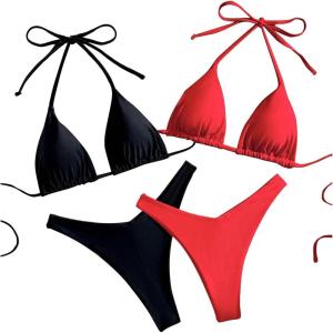 imageWomens 2 Pack High Cut Bikini Sets Halter Triangle String Thong Swimsuit Bathing SuitMulticolor