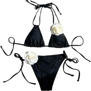 imageWomens 2 Piece Bathing Suit Floral Appliques Halter Tie Back Triangle Bikini SwimsuitsBlack