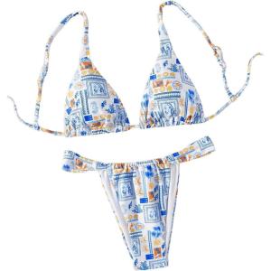 imageWomens 2 Piece Bathing Suit Graphic Boho Triangle Swimsuits Thong Cheeky Floral Bikini SetBlue and White