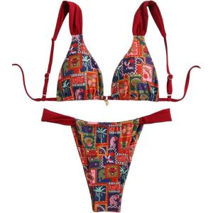 imageWomens 2 Piece Bathing Suit Graphic Boho Triangle Swimsuits Thong Cheeky Floral Bikini SetDeep Red