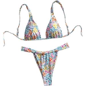 imageWomens 2 Piece Bathing Suit Graphic Boho Triangle Swimsuits Thong Cheeky Floral Bikini SetFloral Blue