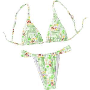 imageWomens 2 Piece Bathing Suit Graphic Boho Triangle Swimsuits Thong Cheeky Floral Bikini SetGreen