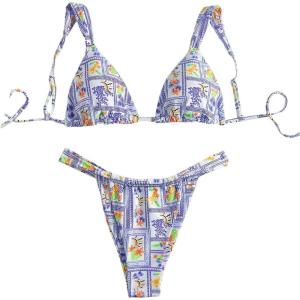 imageWomens 2 Piece Bathing Suit Graphic Boho Triangle Swimsuits Thong Cheeky Floral Bikini SetLight Purple