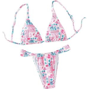 imageWomens 2 Piece Bathing Suit Graphic Boho Triangle Swimsuits Thong Cheeky Floral Bikini SetPink