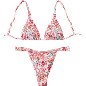 imageWomens 2 Piece Bathing Suit Graphic Boho Triangle Swimsuits Thong Cheeky Floral Bikini SetRed