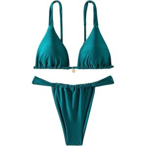 imageWomens 2 Piece Bathing Suit Spaghetti Strap Wireless Triangle Thong Bikini Sets Cheeky SwimsuitsTeal Blue