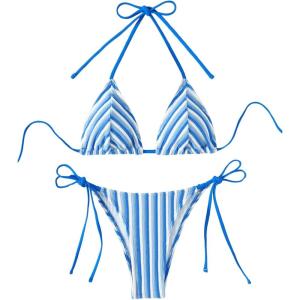 imageWomens 2 Piece Bikini Sets Halter Tie Side Triangle Swimsuit Striped Bathing SuitBlue