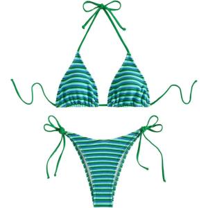 imageWomens 2 Piece Bikini Sets Halter Tie Side Triangle Swimsuit Striped Bathing SuitGreen