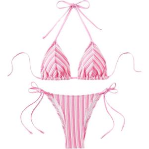 imageWomens 2 Piece Bikini Sets Halter Tie Side Triangle Swimsuit Striped Bathing SuitLight Pink