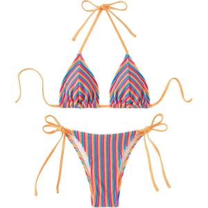 imageWomens 2 Piece Bikini Sets Halter Tie Side Triangle Swimsuit Striped Bathing SuitMulticolor