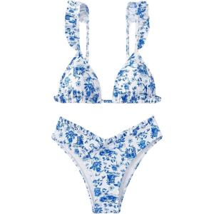 imageWomens 2 Piece Bikini Sets High Cut Ruffle Trim Triangle Floral Bathing Suit Wireless Tie Back SwimsuitBlue and White