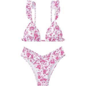 imageWomens 2 Piece Bikini Sets High Cut Ruffle Trim Triangle Floral Bathing Suit Wireless Tie Back SwimsuitHot Pink